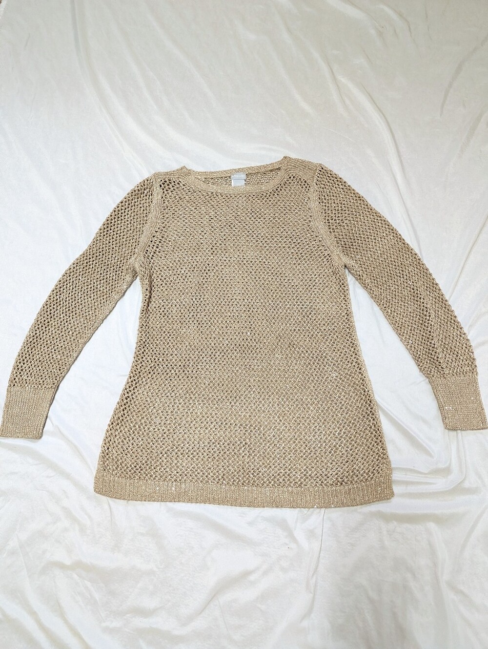 Chicos Size 2 Metallic Gold Mesh Knit Holiday Tunic Sweater Holiday Christmas
